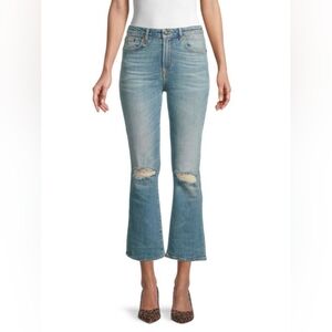 R13 Kick Fit Cropped Light Blue Distressed Flare Jeans, Women Size 28